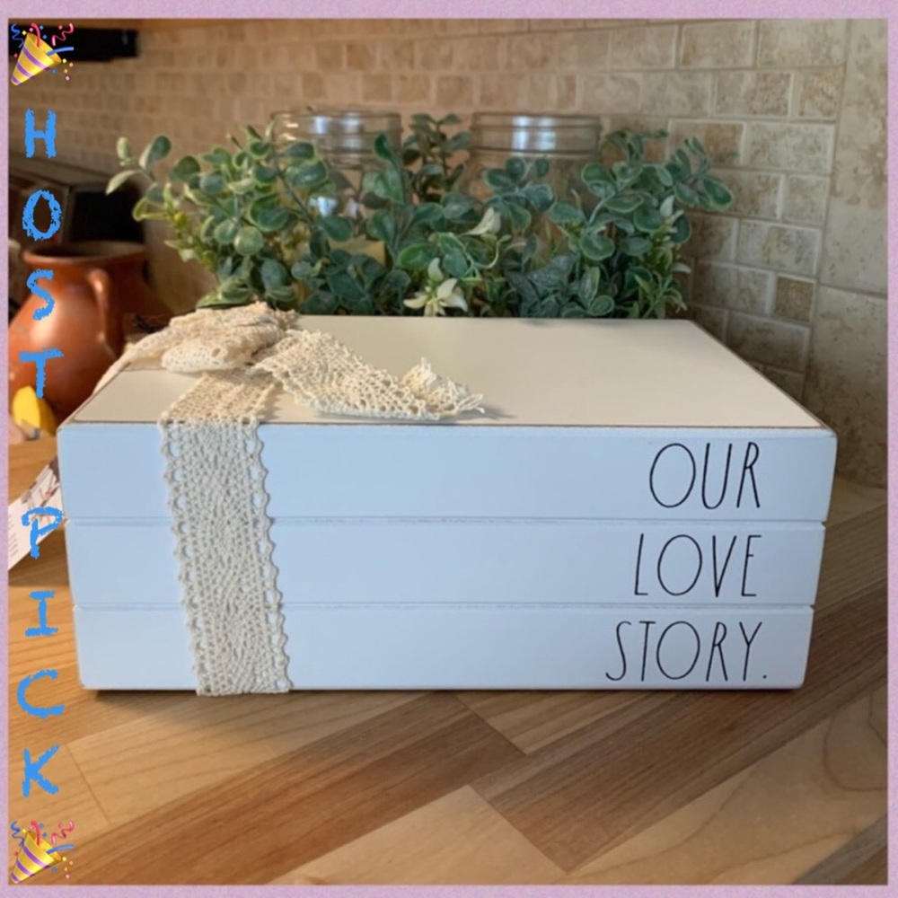 Rae Dunn “OUR LOVE STORY” White Farmhouse Wood Book Stack Decor NWT